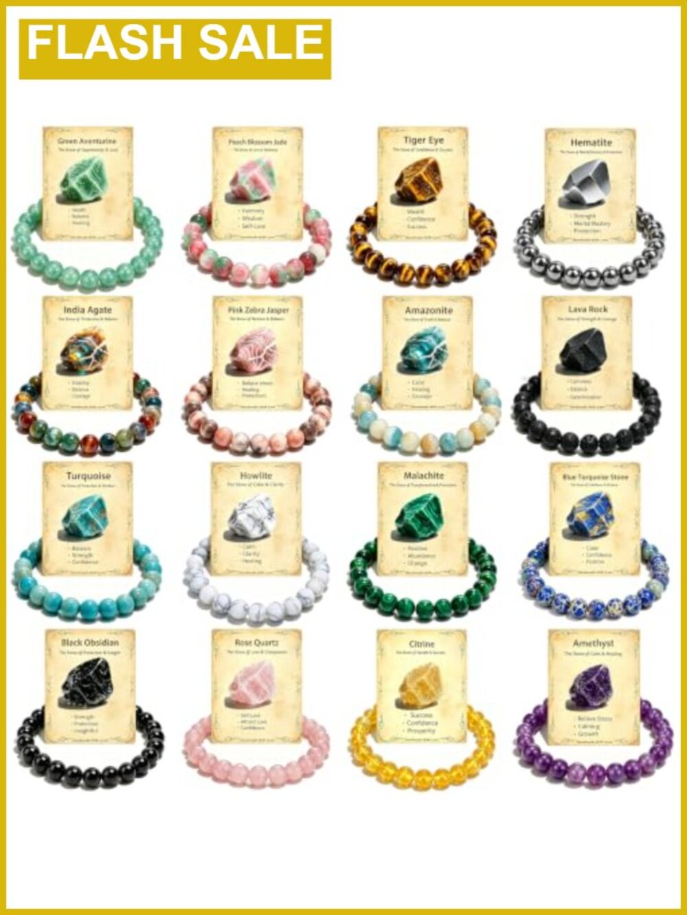 7.08 Inch Natural Stone Beaded Healing Bracelets Set of 16